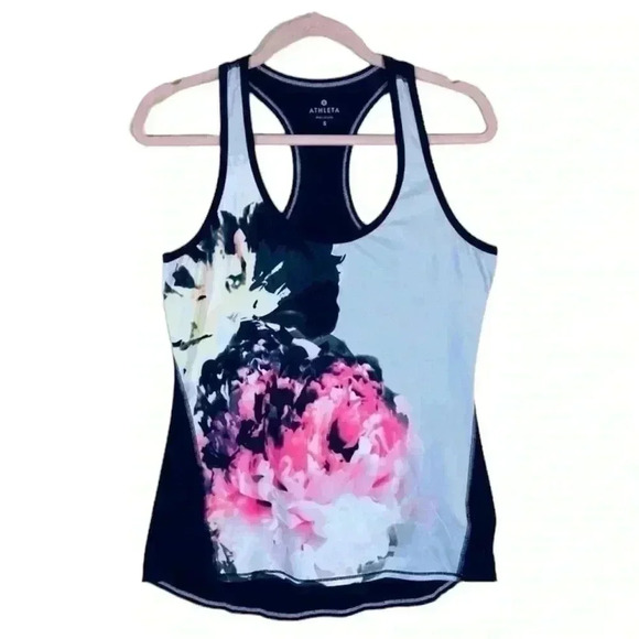 ATHLETA Black W/ Floral Light Weight Razorback Athletic Tank Top Size S - Picture 1 of 8